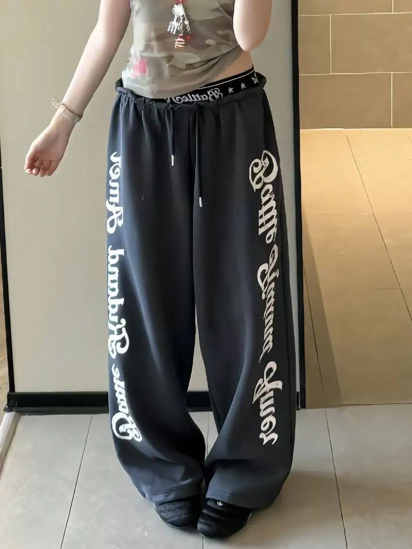 Retro American Letter Print Vintage Casual Pants Men Women Loose Wide Leg Streetwear Couple Trousers Youth Active Style