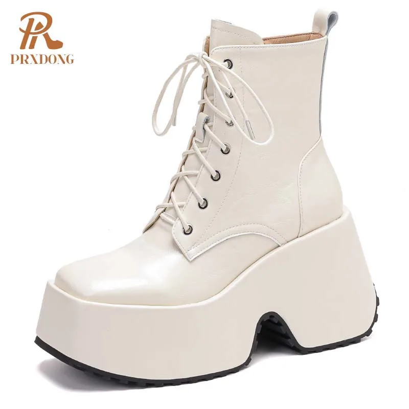 

PRXDONG Women Boots 2024 New Brand Autumn Winter Warm Shoes Chunky High Heels Platform Punk Black Beige Dress Party Ankle Boots