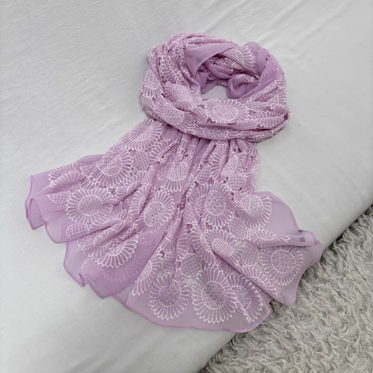 100% Silk Womens Headscarves Luxury Brand Purple Orange Floral Embroider Hollow Out  Neck Scarves for Women Hijab Shawl Wrap
