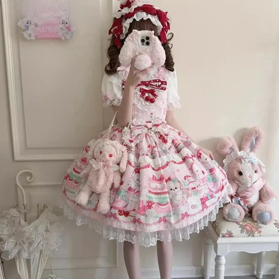 

Original Design Lolita Niche High Waist Bow Jsk Suspender Dress Sweet Girls Cartoon Print Sleeveless Birthday Party Dresses