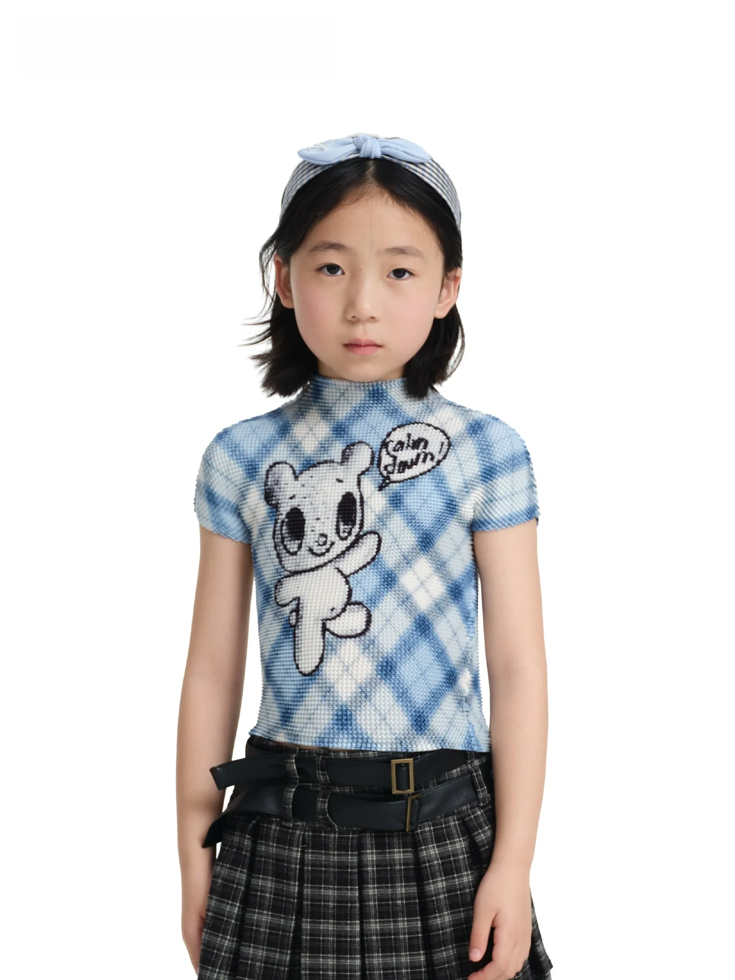 MOF Girls Folded Shirt Blue Plaid White Bear Graffiti T-shirt Breathable Folded Top Children's Style Polyester Short Sleeve