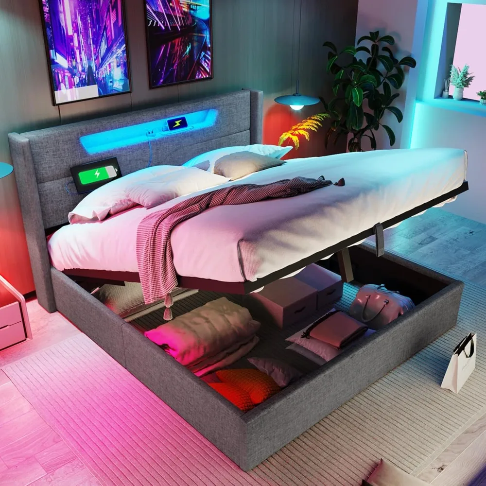 gepolstertes Doppelbett 140 x 200 cm mit LED-Kopfteil und USB-C, Stauraumbett mit Stauraum und