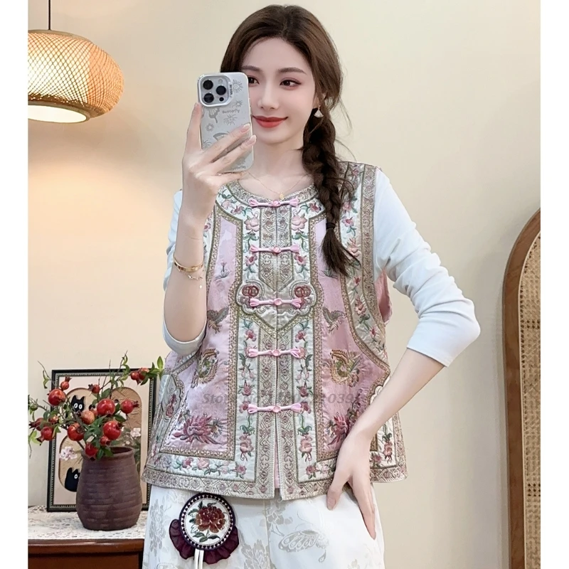 

2025 chinese vintage o-neck folk vest national flower embroidery satin jacquard vest sleeveless jacket ethnic vest hanfu tops