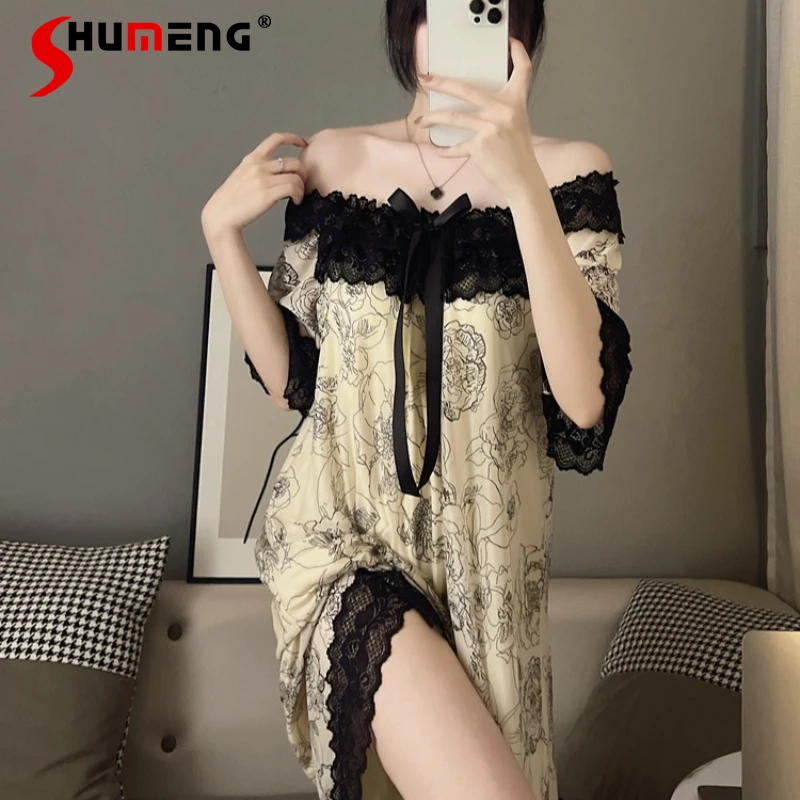 

Summer Short Sleeve Mesh Nightgown for Women Long Modal Lace Pure Desire Sexy Nightdress Female Chest Pads Lace Homewear