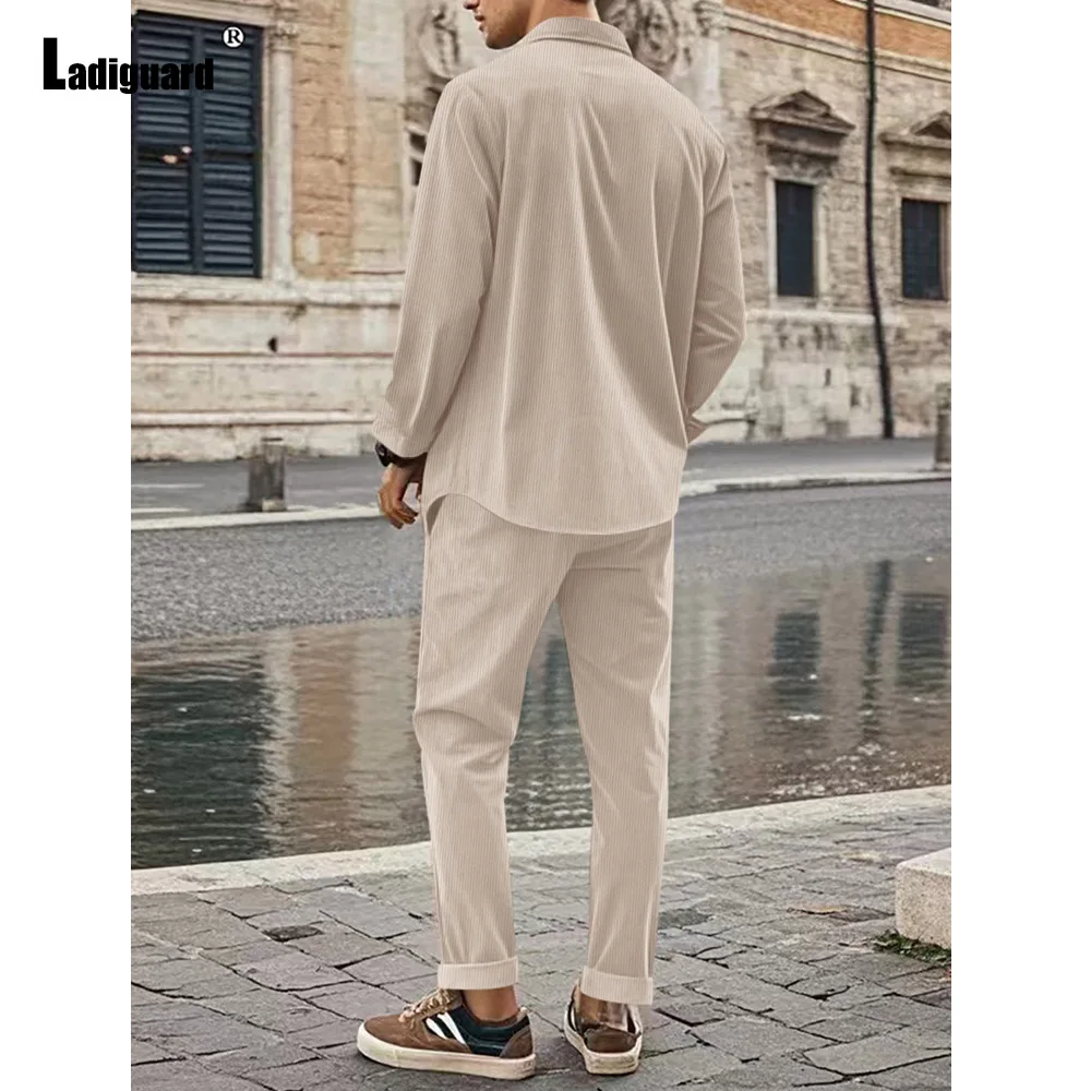 Plus Size Mens Casual Street Two Piece Sets 2024 European Style Basic Corduroy Tops and Pencil Pants Suit Men's 2PCS Outfits New