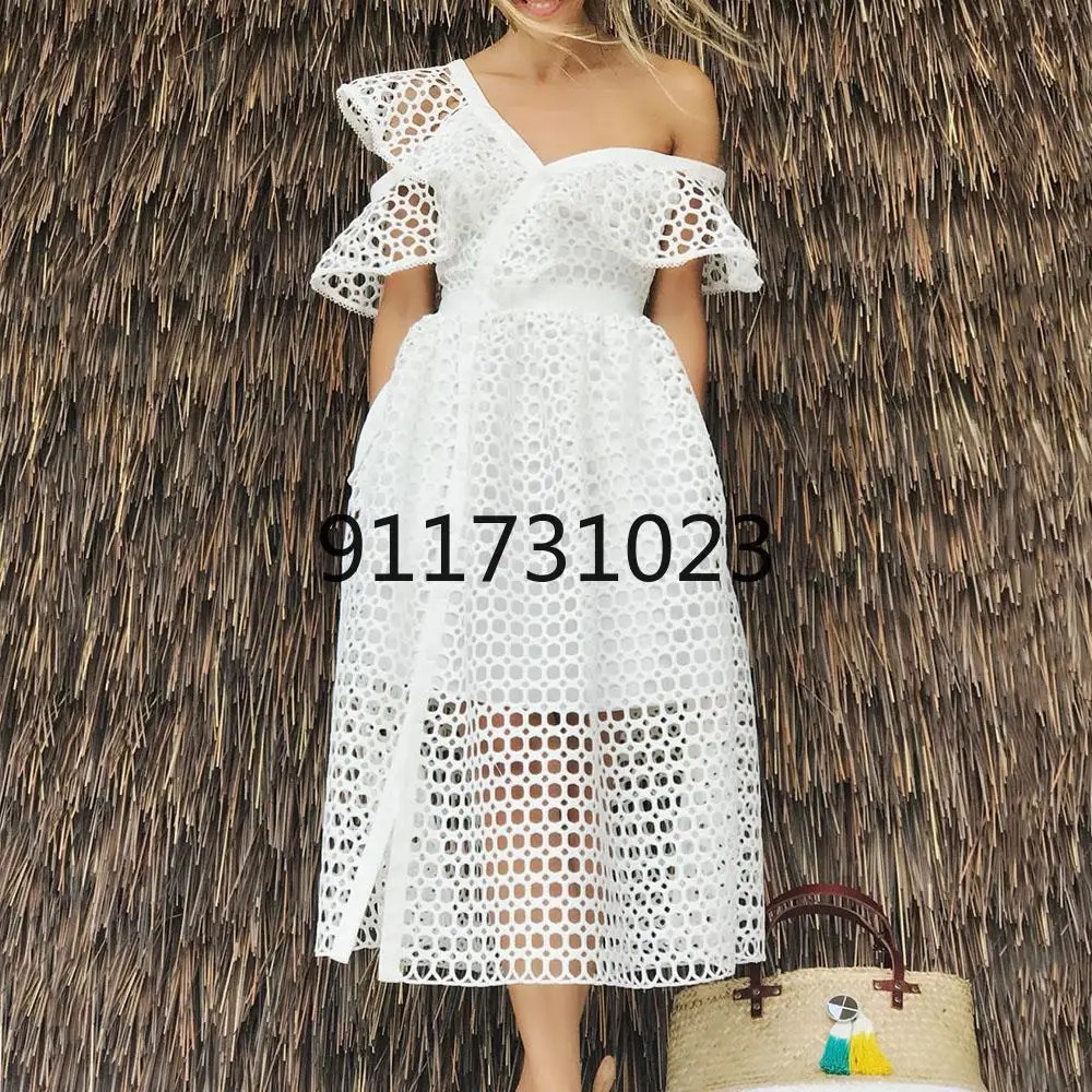 

2023 Women Fashion High Street Style Long Dress Short Sleeve One Shoulder Dress Pure Color Lady Mid Long Dress