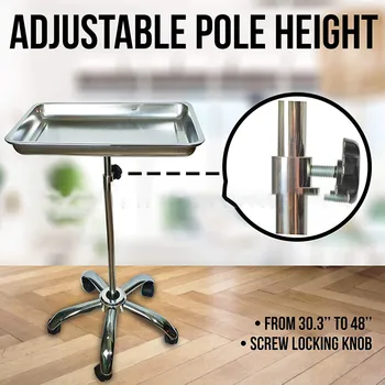 Salon tray with wheels, made of metal stainless steel, adjustable and movable, suitable for medical hairdressing equipment