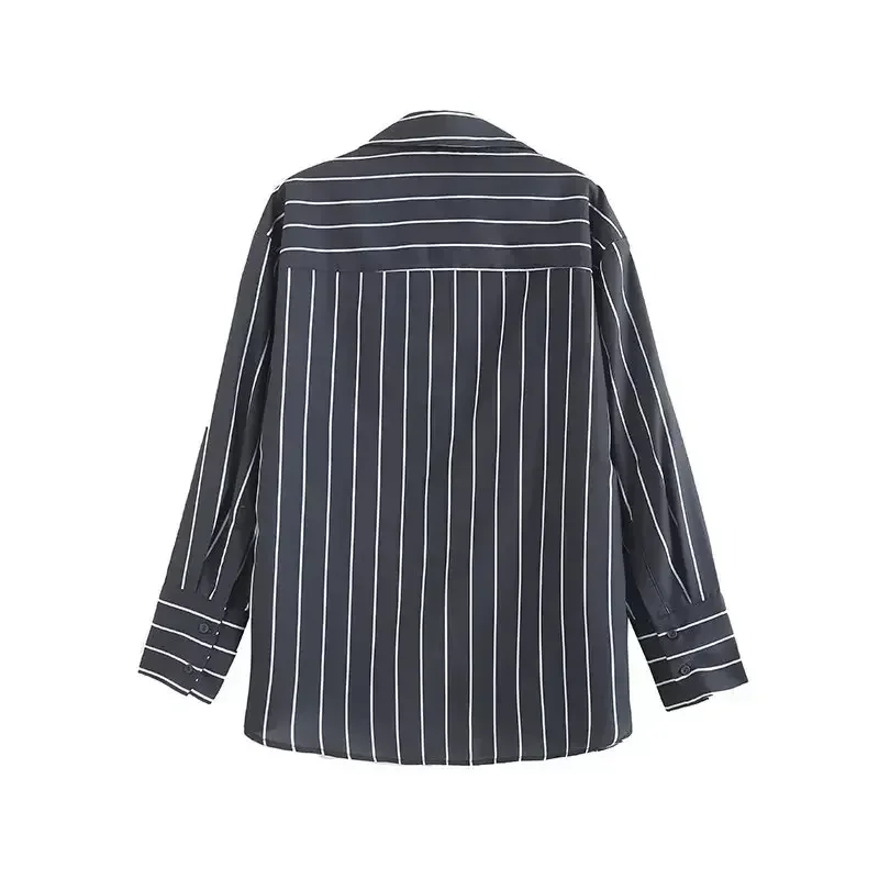 Women's 2023 Fashion New Casual Loose Striped Blouses Retro Long Sleeve Button Long Side Split Shirts Chic Tops.