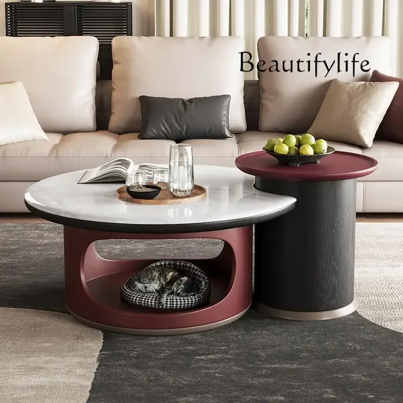 

NNMicrocrystalline Stone Round Modern Simple Living Room Household Small Apartment Italian Light Luxury Pet Cat Nest Tea Table