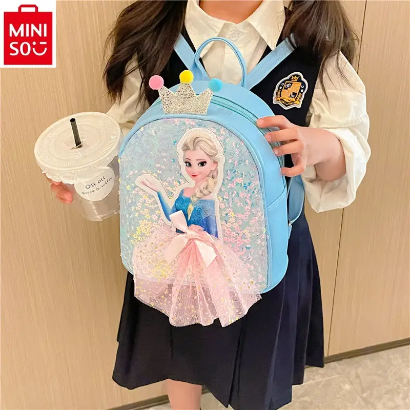 Miniso 2024 neue Cartoon Elsa Prinzessin 3d Pailletten Kleid Bogen Rucksack leichte und süße Kinder rucksack