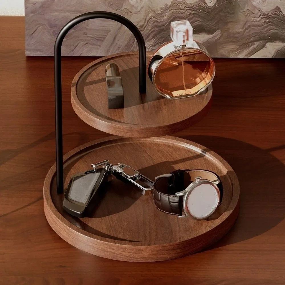 

Wooden Serving Tray Stand Space Saving Decorative Jewelry Display Stand Large Capacity Double Layer Makeup Organizer