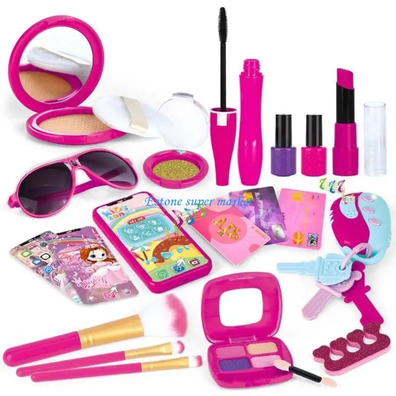 090B Toy Makeup Purse for Kids Develops Makeup Skills Pretend Handbag Purse Retro Cosmetic Bag Pretend Play