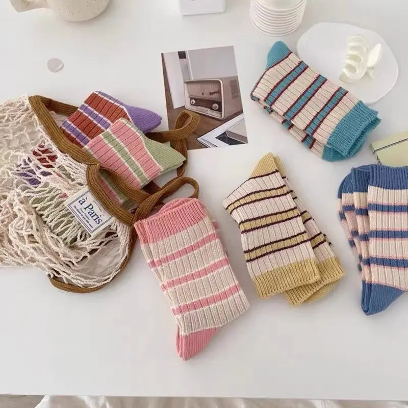 Candy Color Striped Pattern Socks for Women Cotton Blends Spring Autumn Standard Thickness Socks