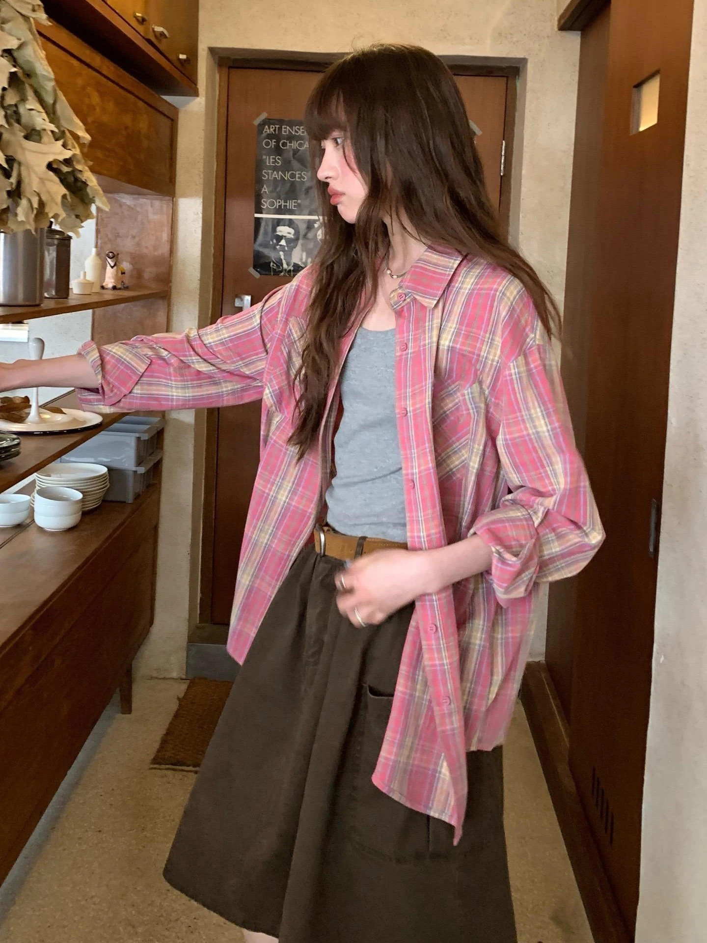 

Pink Long Sleeve Fleece Plaid Shirt Unisex Loose Casual Lazy Style Outerwear Small Open Cardigan Spring Season Youth Fashion