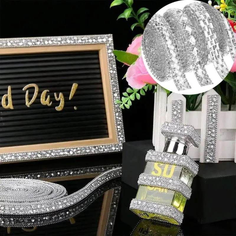 

White Crystal Rhinestone Tape Trim Self-Adhesive Glass Appliques Glitter Diamond Sticker For Dress Gifts Adornment Ribbon