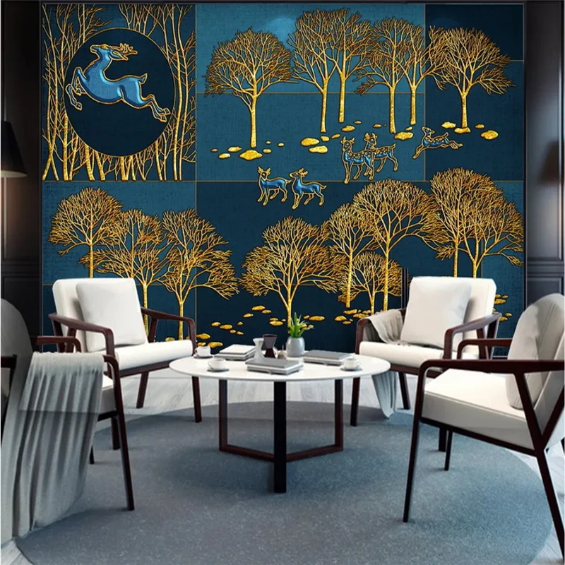 

Nordic Luxury Simple Golden Embossed Fortune Trees Deers 3D Mural Wallpapers for Living Room Bedroom Wall Papers Home Decor