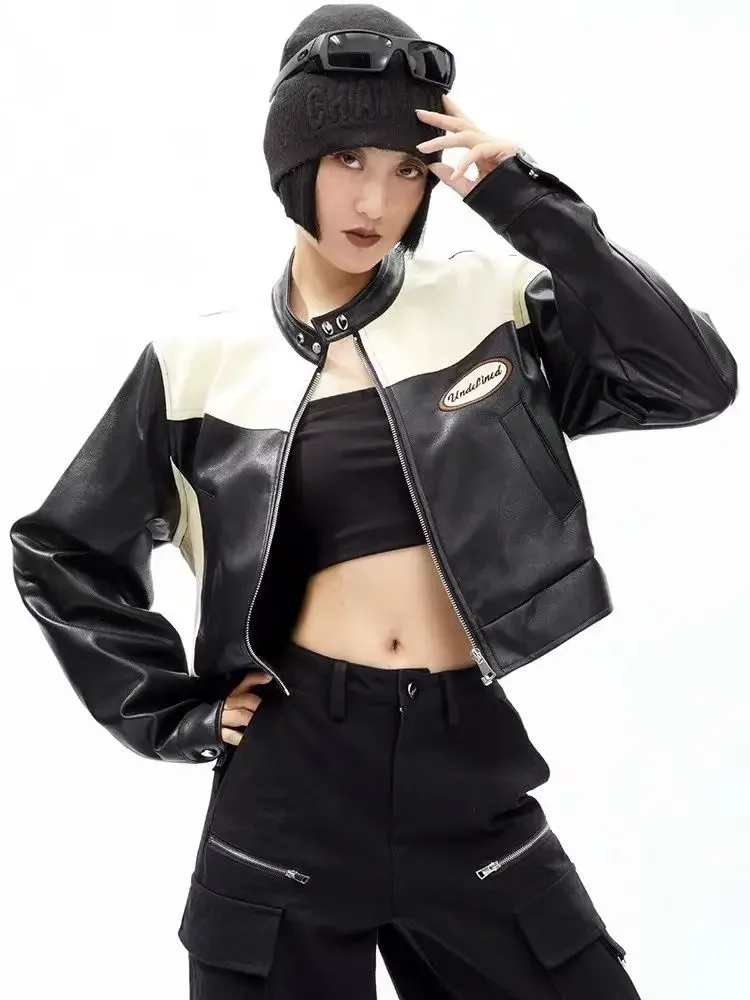 Retro Jacket New Spring and Autumn Color Collision Cool Biker PU Leather Jacket Female Korean Fashion Streetwear Short Coat New