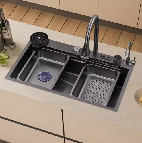 Sink,Tiktok Hot Sale Multi Function Sink Large Single Slot Scratch Resistant LED Digital Display Waterfall Smart Sink With Cup W