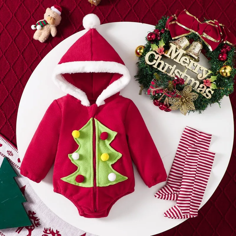 Newborn Infant Baby Boys Girls Christmas Elf Romper Red Green Hooded Zipper Jumpsuit with Striped Leg Warmers Costume 0 24M
