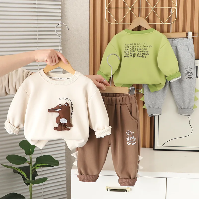 

Autumn Boys Cartoon Crocodile Print Sweatshirts & Pants Set 2-Piece Cotton Casual Outfit for Toddler Korean Style Kids Clothes