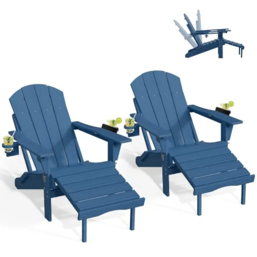 Outdoor folding Adirondack fire pit chairs with ottomans, set of 2, polywood material, charcoal gray, weather-resistant and spa