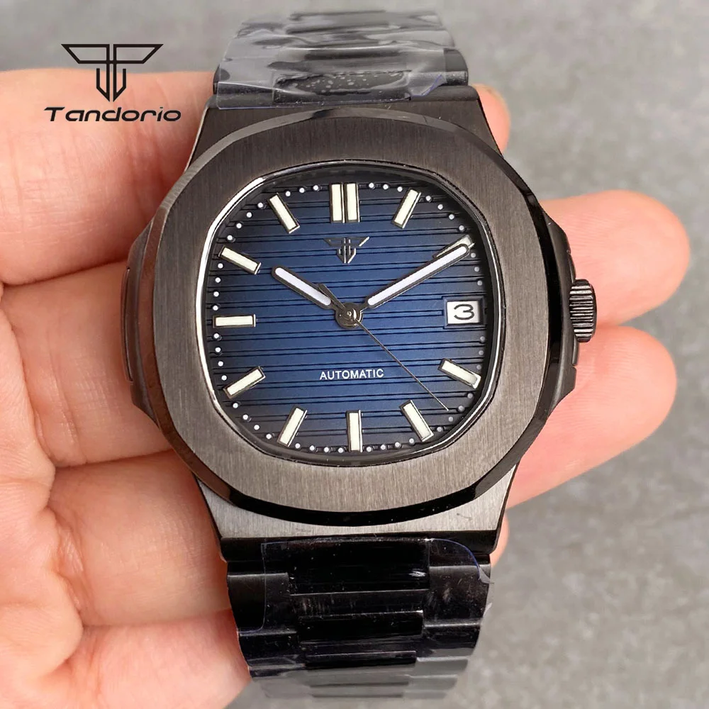 Tandorio Square Black Pvd Steel NH35 Automatic Square Watch for Men Sapphire Date Business 40mm Mechanical Wristwatch Luminous