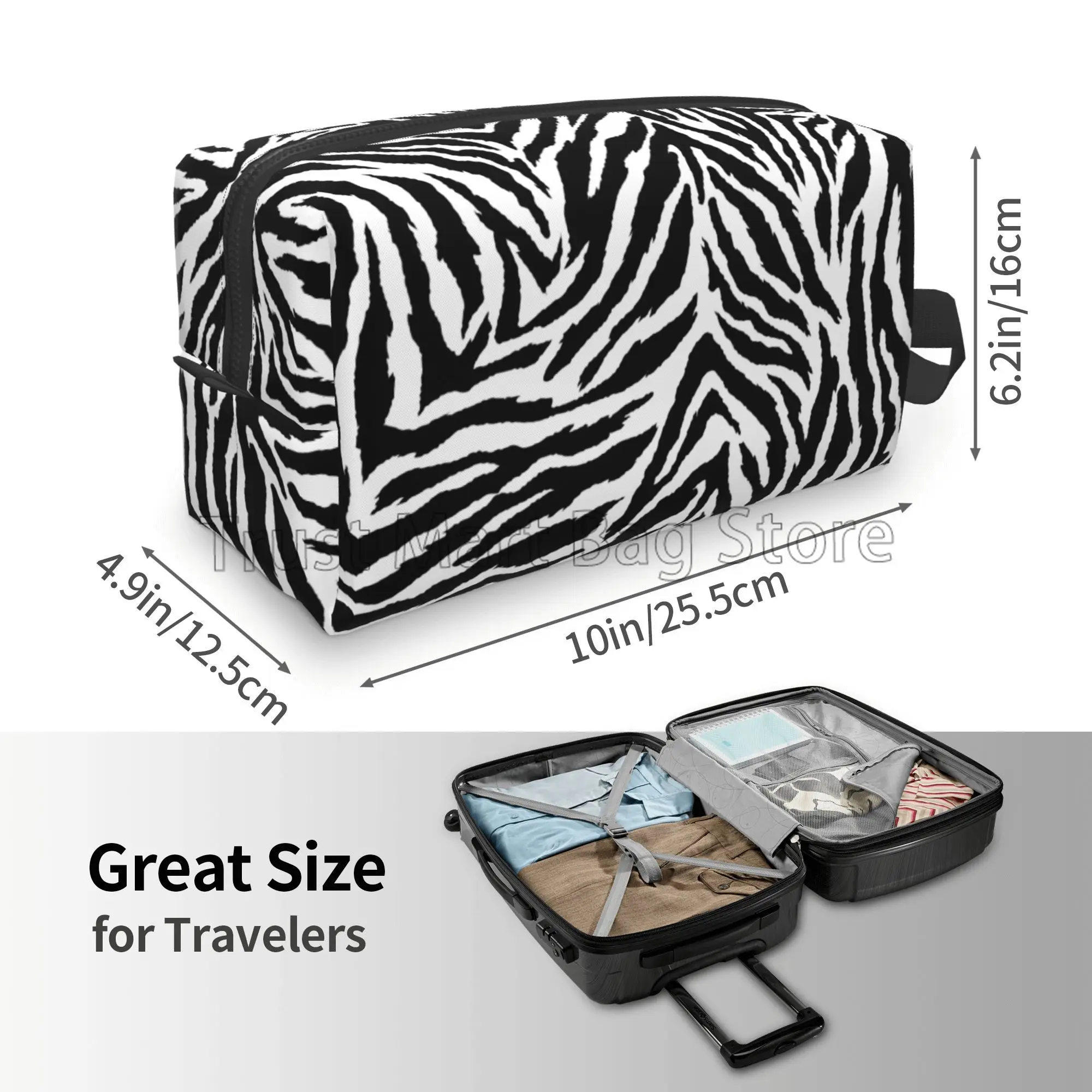 Animal Zebra Print Black White Skin Cosmetic Bag Large Capacity Handy Toiletry Case Travel Makeup Organizer for Girls Women