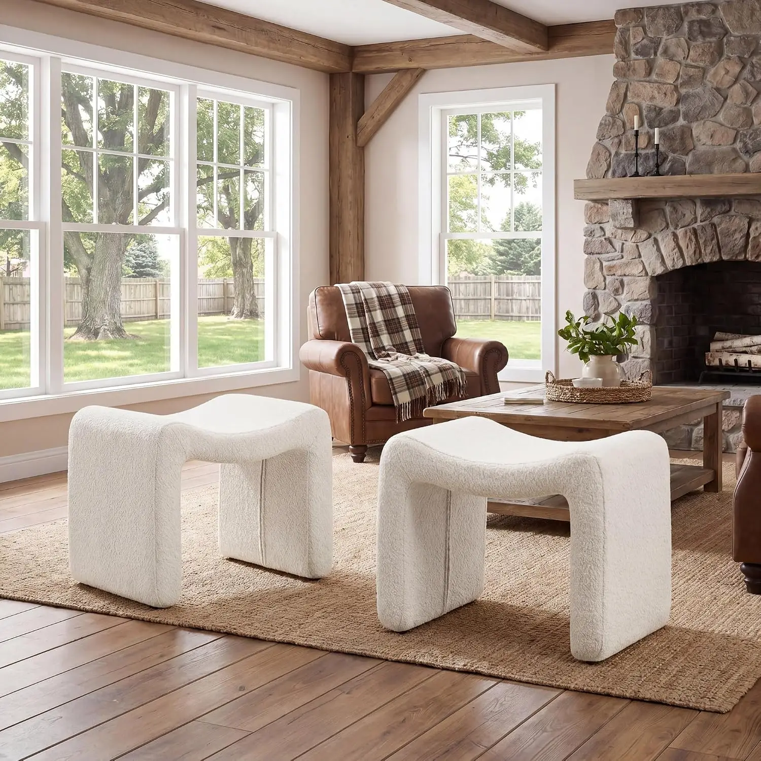 Boucle Ottoman Stool with Wooden Legs & Extra Seat for Vanity Living Room Entryway Set 2 White, Customized