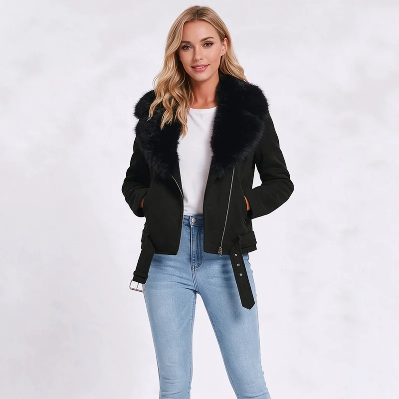 QICHE 2026 Autumn Winter Women Loose Casual Warm Outerwear, Detachable Fur Collar Long Sleeve Versatile Coat