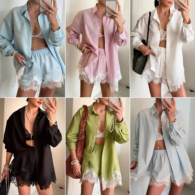 

НОВИНКА: Весенне-летний комплект из 2 предметов для женщин: рубашка с длинными рукавами и кружевными вставками + повседневные пляжные шорты. Модный костюм для отпуска.