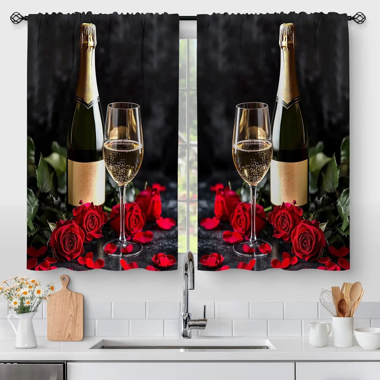 

Red Rose Wine Kitchen Curtains - Romantic Small Short Cafe Farmhouse Valentine Country Tier Curtains Decor for Living Room Rod