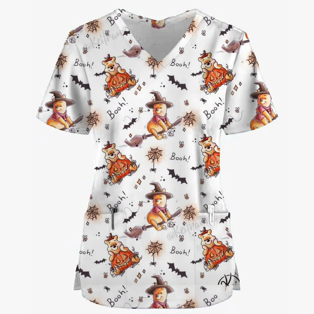 Winnie the Pooh Clinic โรงพยาบาลพยาบาล Workwear ฟัน 3D พิมพ์เสื้อยืดผู้หญิง V คอกระเป๋าทางการแพทย์เสื้อผ้าพยาบาล TOP ทํางาน