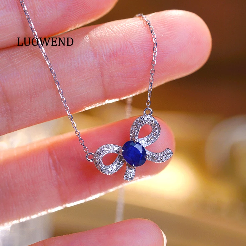 

Ожерелье LUOWEND из 100% белого золота 18 карат, романтическое ожерелье в форме банта, блестящее ожерелье с бриллиантами и натуральным сапфиром для женщин, подарок на день рождения
