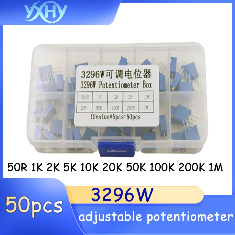

50PCS/BOX 3296W Adjustable Potentiometer Component Box 10 Kinds 1K 2K 5K 10K 20K 50K 100K 200K 1M