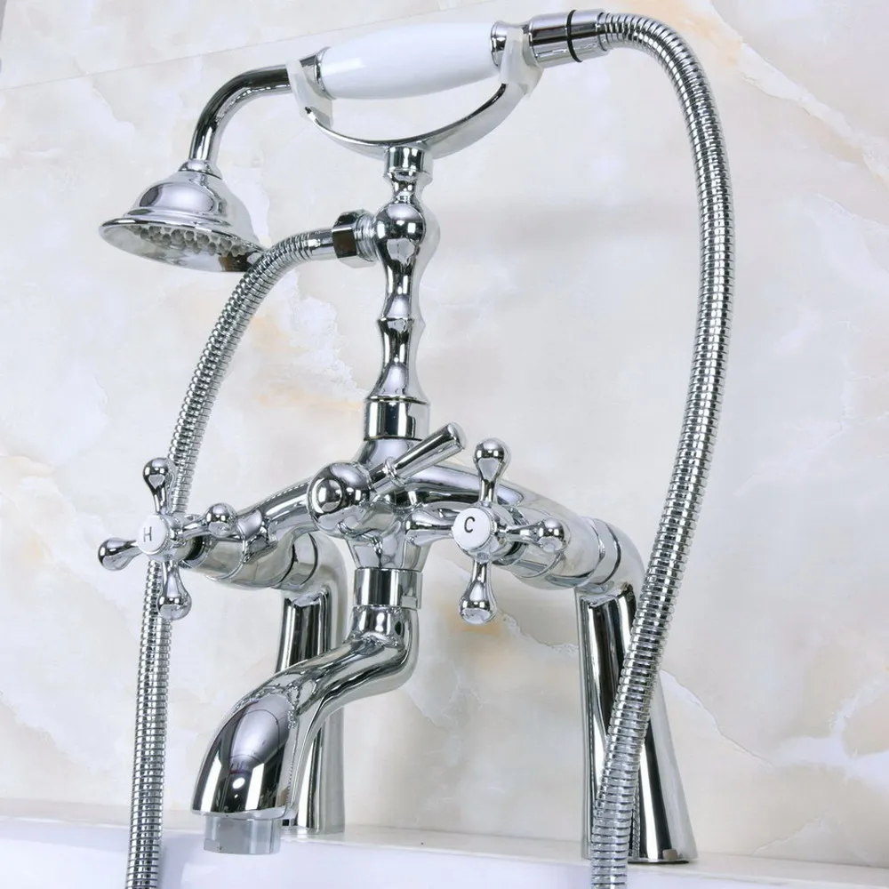 Polished Chrome Brass Deck Mounted Clawfoot Bathtub Faucet W/ Handheld Shower Mixer Tap Lna123