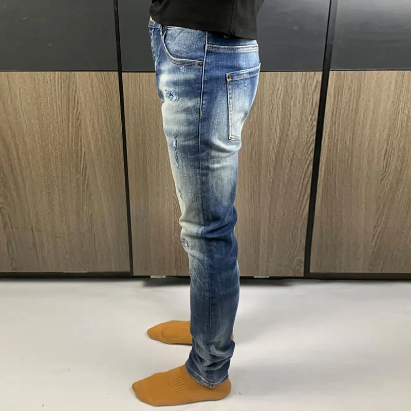 Fashion Streetwear Men Jeans High Quality Retro Blue Stretch Slim Fit Ripped Jeans Men Vintage Designer Brand Pants Hombre