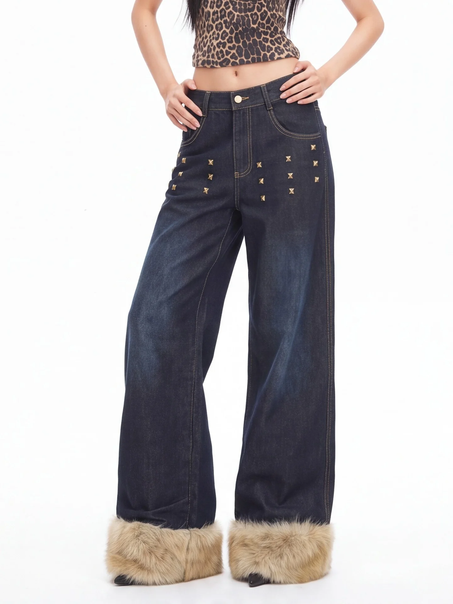 AntY2K Plush Frayed Hem Denim Jeans Women's Metal Rivet Dark Wash High Waist Wide Leg Floor Length Pants Casual Style