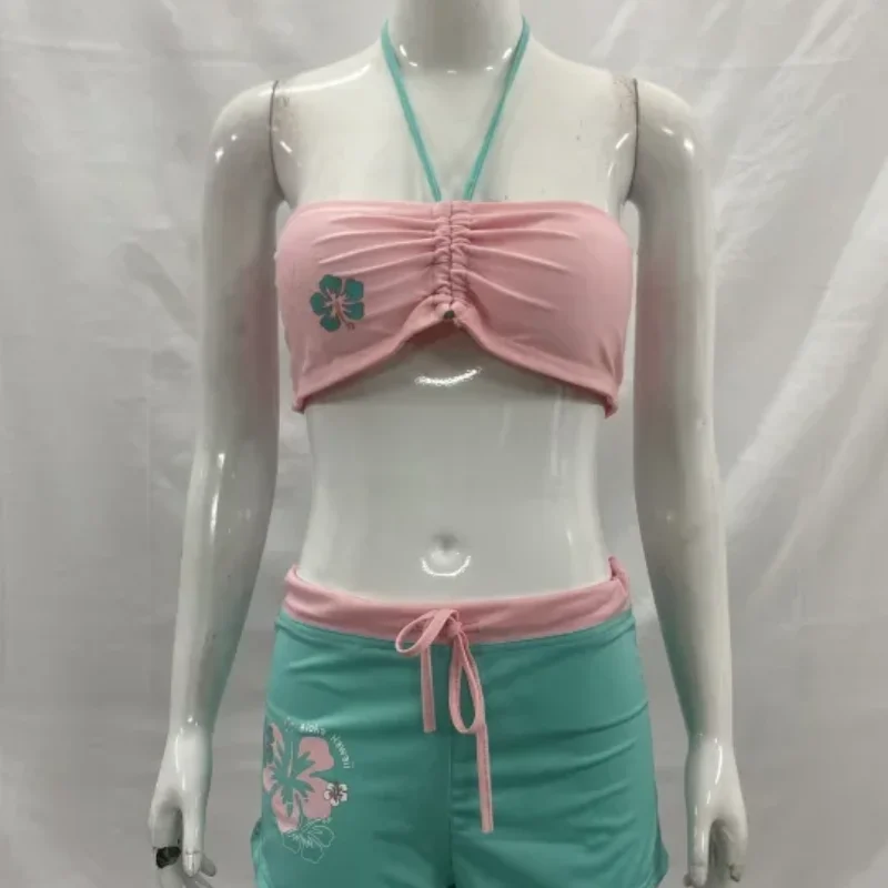 

European American Y2K Sexy Cute Spicy Girl Strapless Hanging Neck Lace Up Bikini Color Blocking Shorts Two-piece Women Clothing