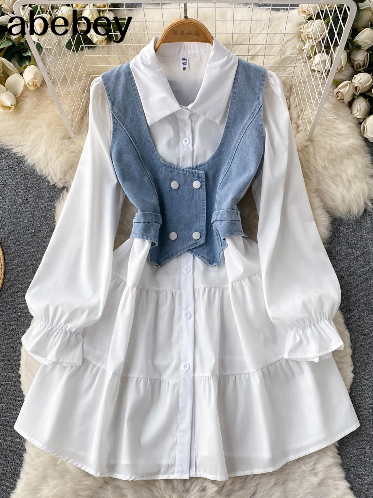 Autumn Fashion Dress Two Pieces Suits Ruff Sleeve White Shirt Dress+Mini Denim Camis Suits Women Streetwear Slim Set