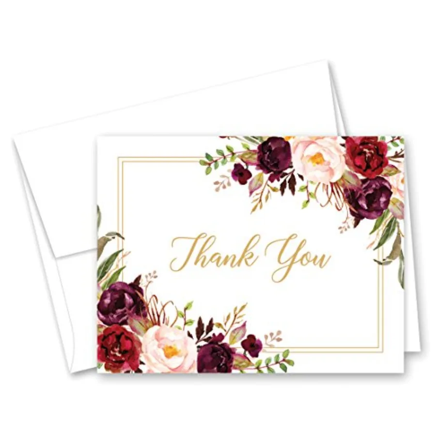 

Burgundy Wine Floral Thank You Cards and Envelopes - 50 cnt