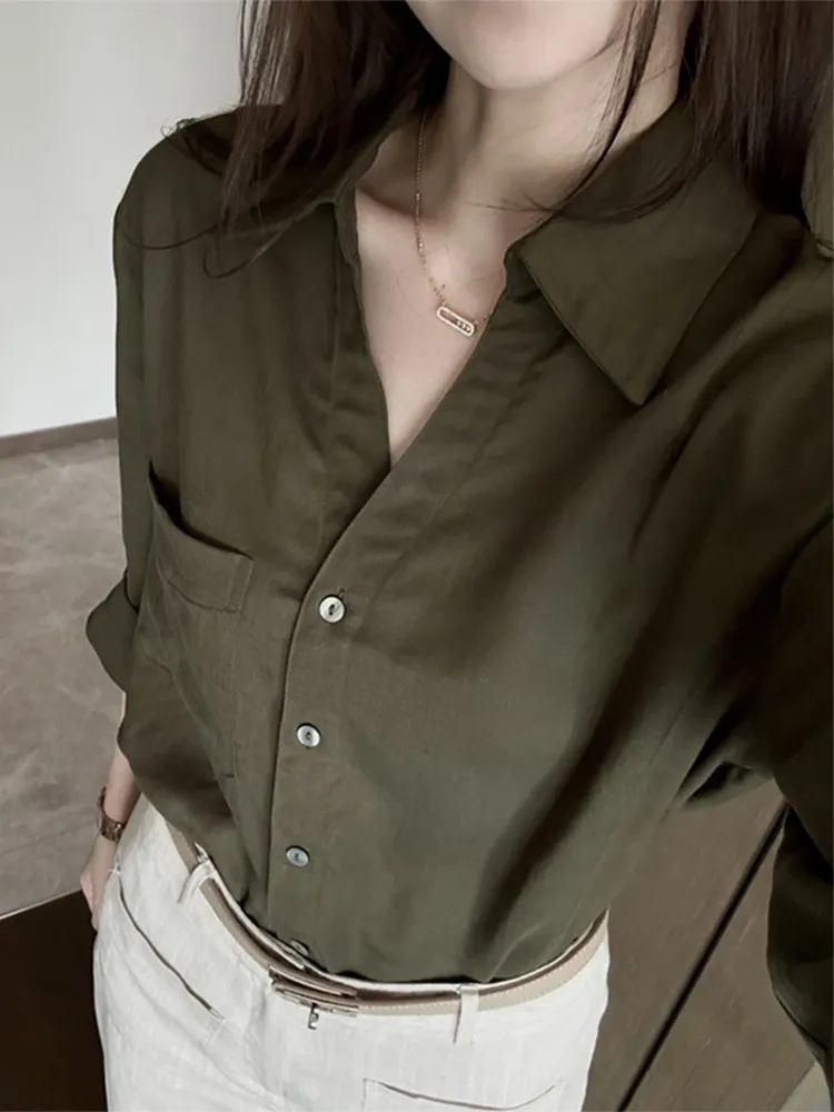 

Casual V-Neck Long Sleeve Women's Shirt Fashionable Loose Fit Versatile Spring Autumn Top Elegant Simple Style Small Size Fri...