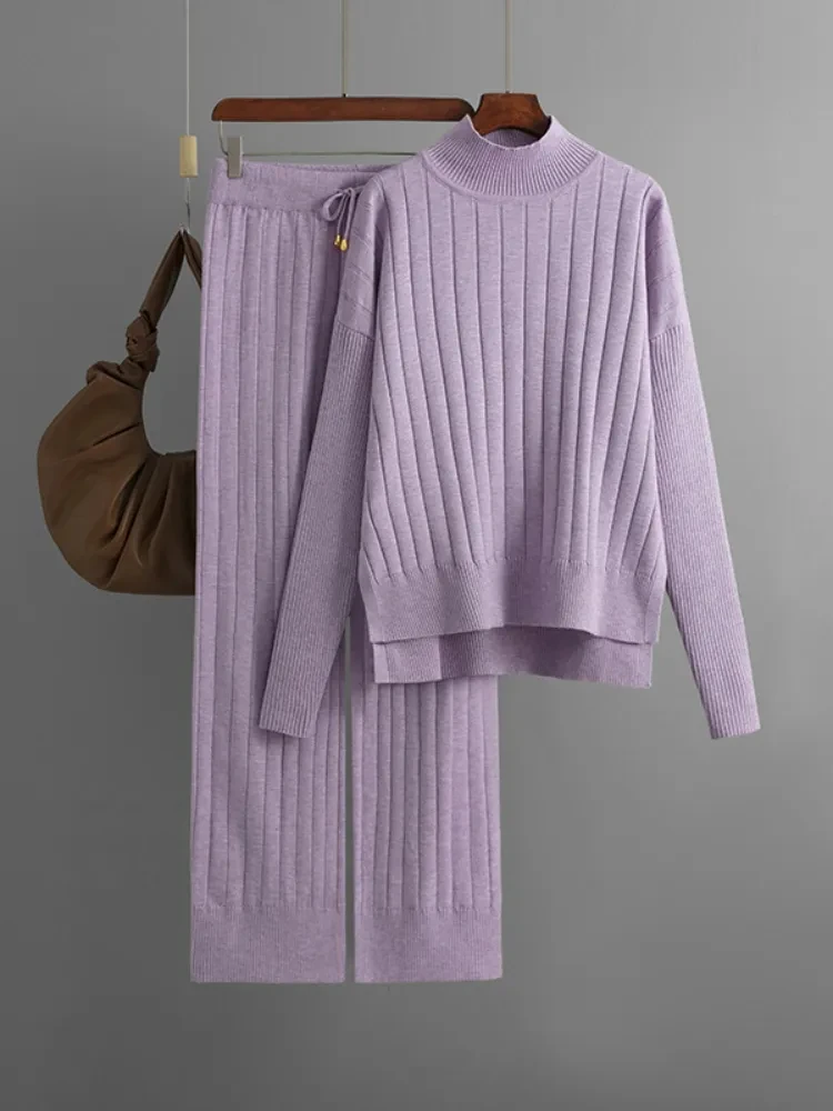 Set of Two Pieces Sleepwear for Women Elegant Knit Sweater Pullovers High Waist Wide Leg Pants Home Suit Solid Pjs Turtleneck