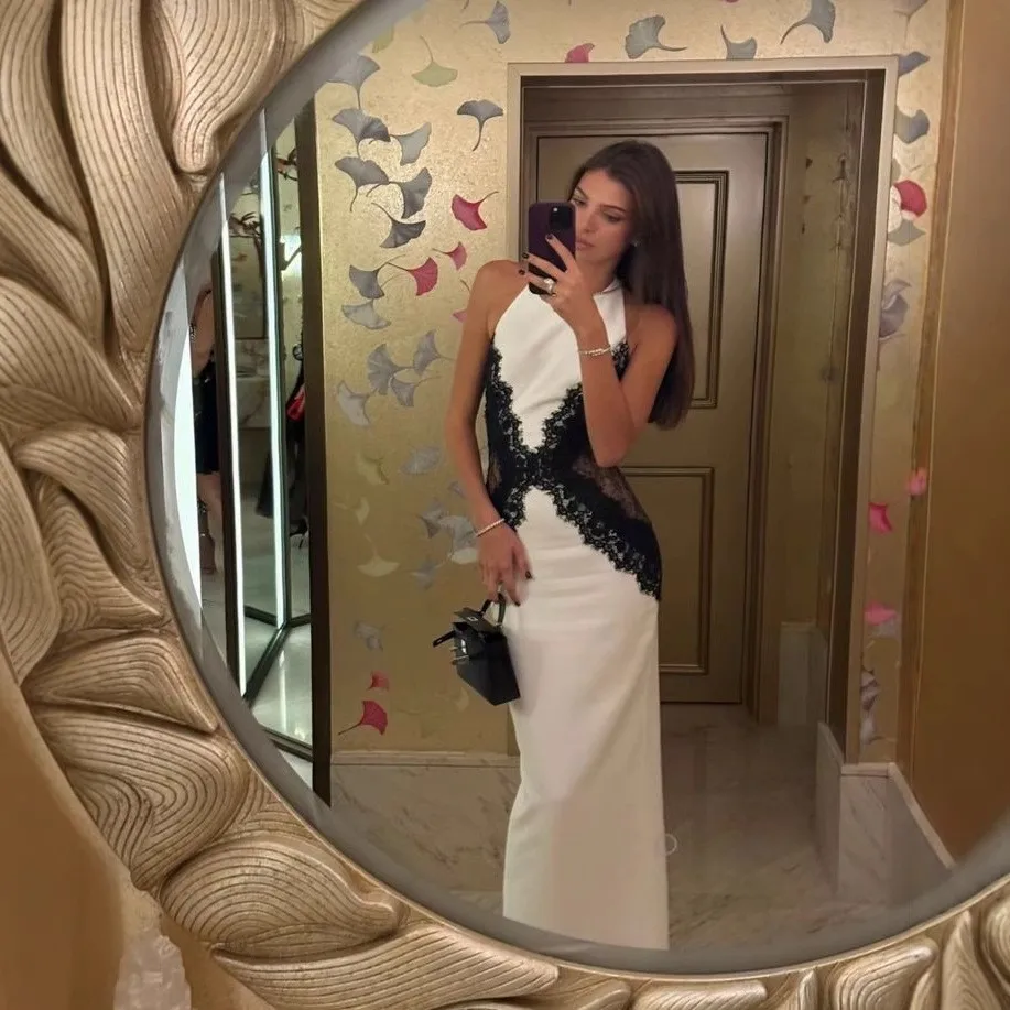 Women's Elegant Lace Sleeveless High Waist Backless Halter Neck Long Bodycon Floral Print Dress for Wedding Guest Party Prom