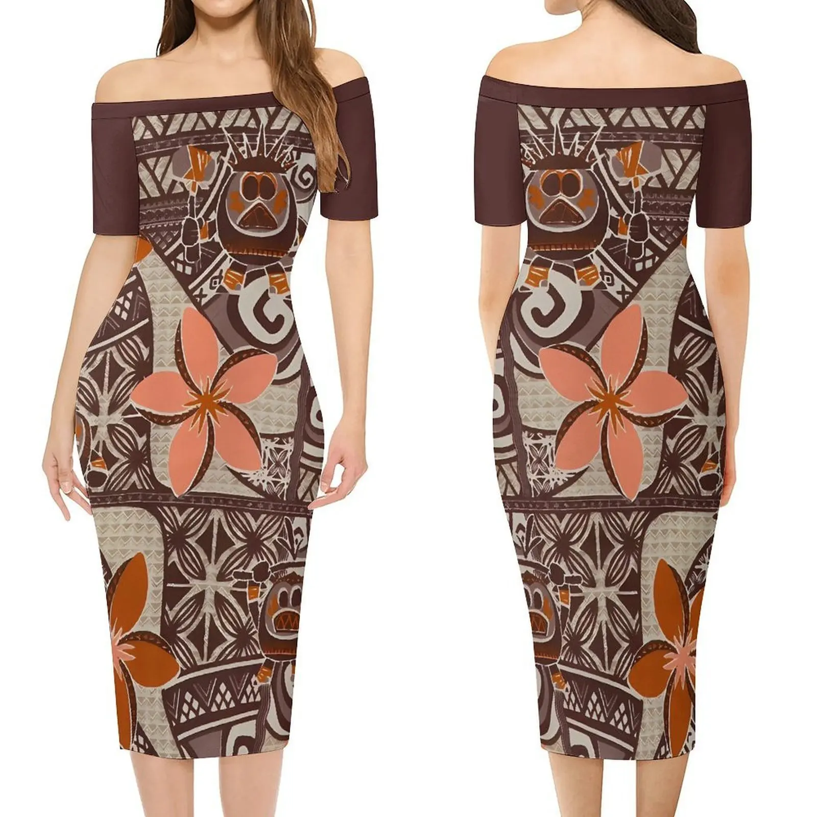 

Samoan Tribal Ethnic Floral Printed Women'S Dress Sexy And Fitted Design Custom-Made Polynesian One-Shoulder Long Dress