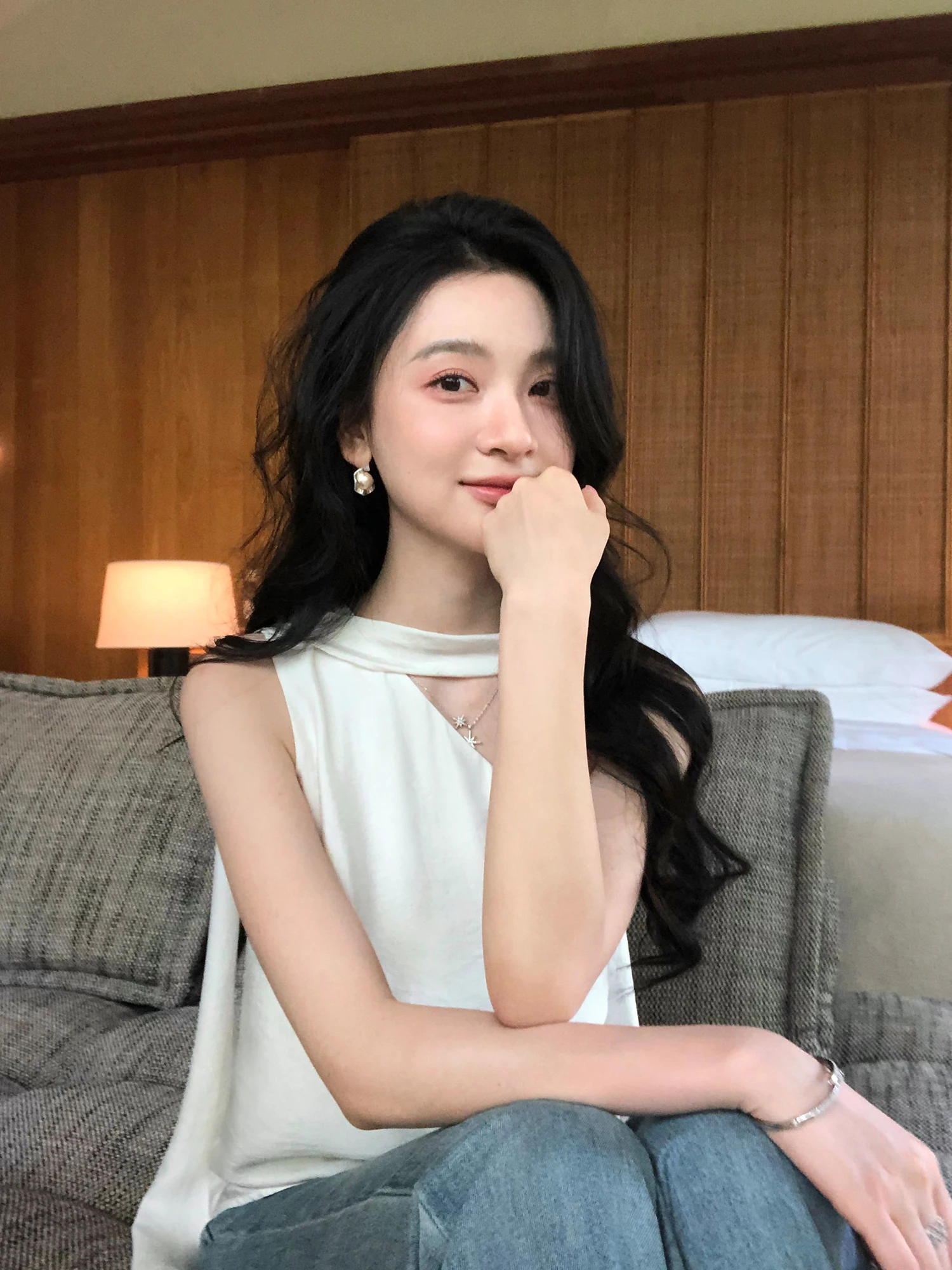 Pusumede Glass Beauty Detachable Sash Asymmetrical Shoulder Women's Sleeveless Shirt Atmosphere Sense Casual Style Summer Top