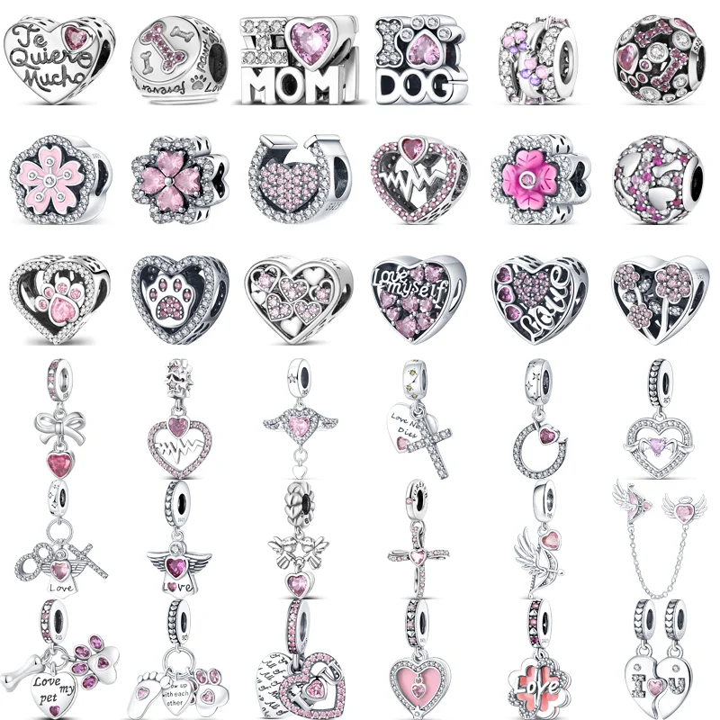 

Fit Pandora Original Charms Bracelet DIY Jewelry 925 Sterling Silver Pink Heart Flowers Love Angels Mom Friends Paw Sweet Beads