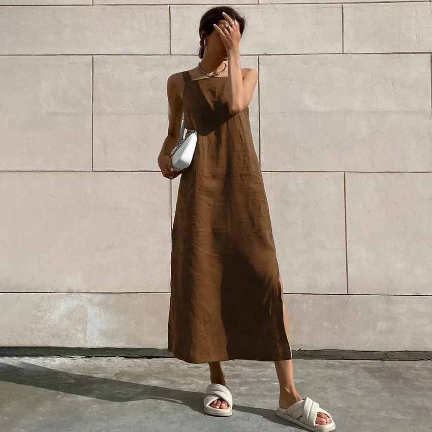 2025 صيف جديد الفرنسية القطن والقنب سترة فستان للنساء عطلة الترفيه الأخضر سبليت حزام فستان طويل لملابس نسائية #4
