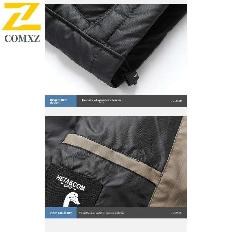 سترة COMXZ للرجال كلاسيكية بغطاء للرأس للتزلج على الجليد في الهواء الطلق سترة سميكة دافئة للمشي لمسافات طويلة والسفر مقاومة للرياح معطف شتوي مريح