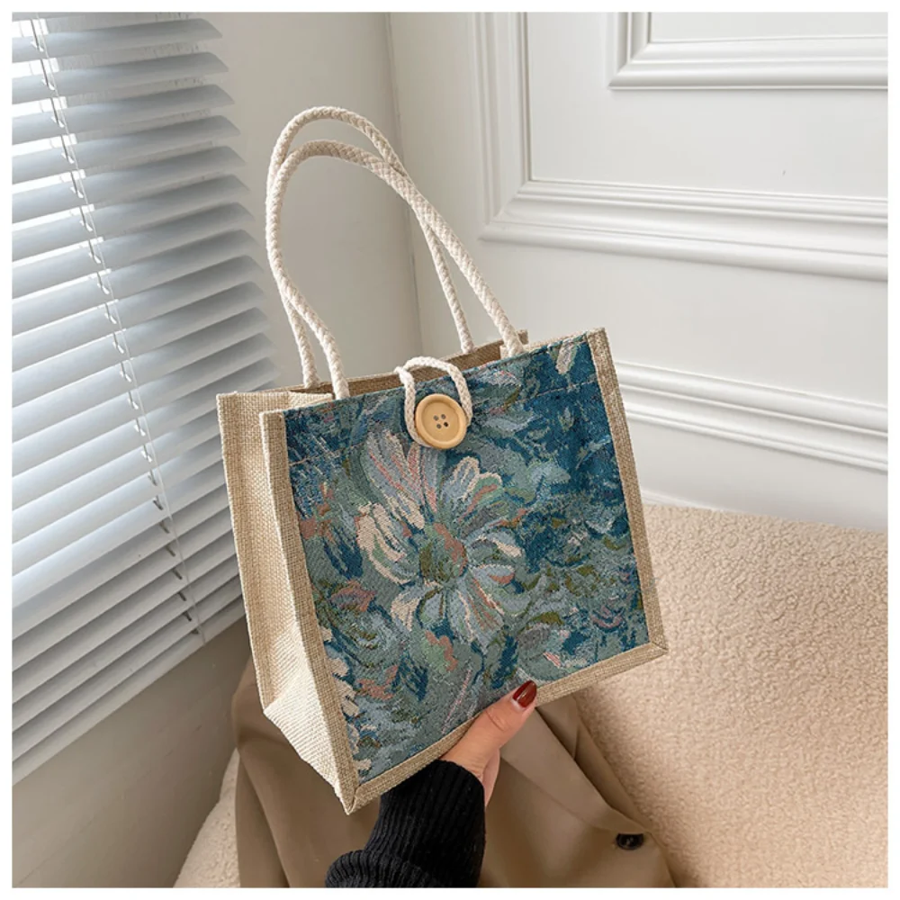 Flower Print Burlap Tote Bag Women Linen Tote Shopper Purses Summer Beach Outgoing Handbags Portable Eco Top Handle Shopping Bag