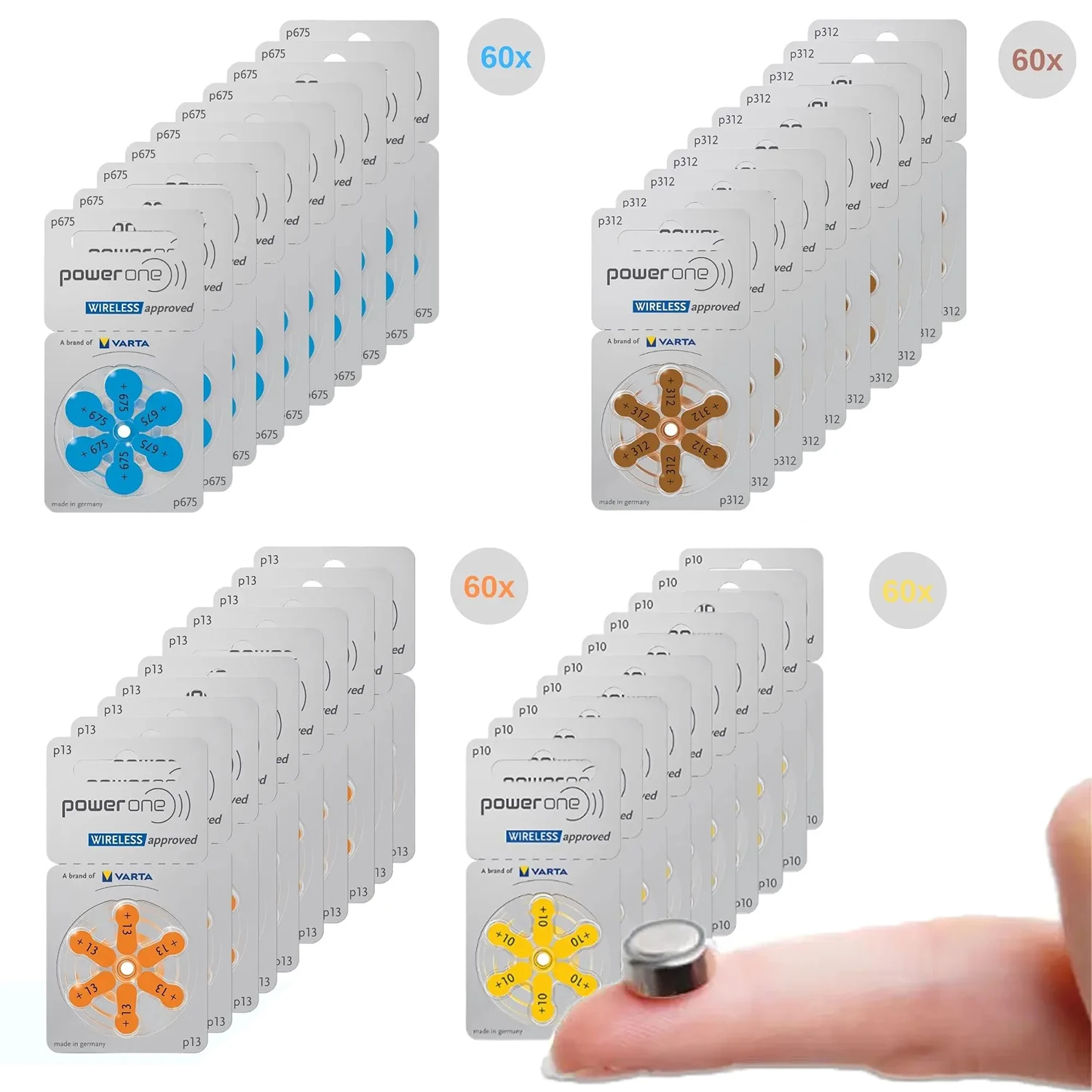 

60PCS Hearing Aid Batteries PowerOne P312 P13 P10 P675 Zinc Air Cell Buton Battery For BTE CIC RIC OE Hearing Aids Amplifiers